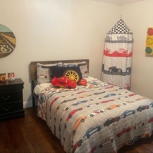Race car bedroom - includes all wall decor, bedding and curtains.  Like new!
